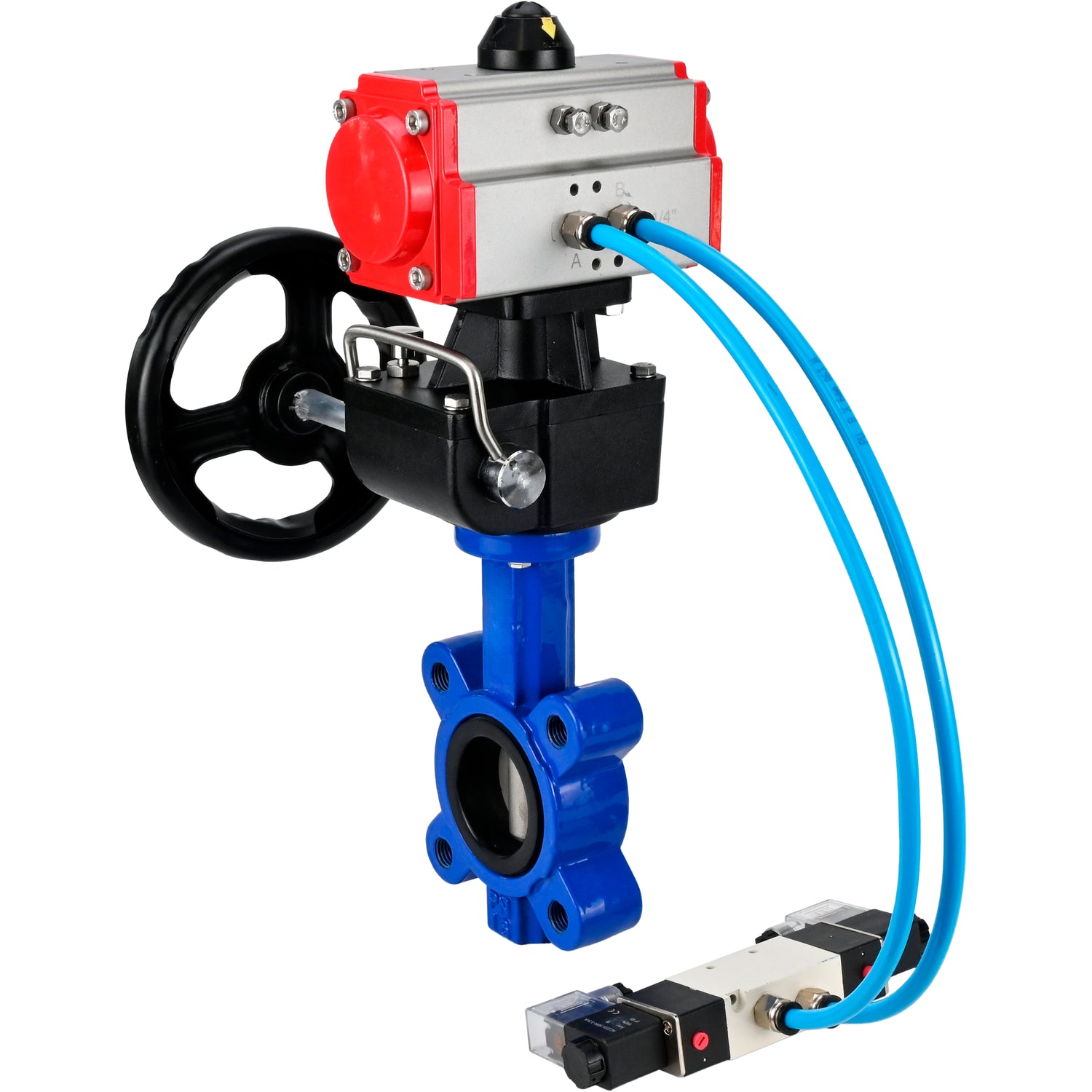 Vanne papillon d'eau Elephant WBV1631N-2W-Fb-H, matériau du corps - fonte QT450, matériau du disque - acier inoxydable AISI 304, joint - NBR, avec actionneur pneumatique double effet PA-DA, 4V320-08 220V, volant MON