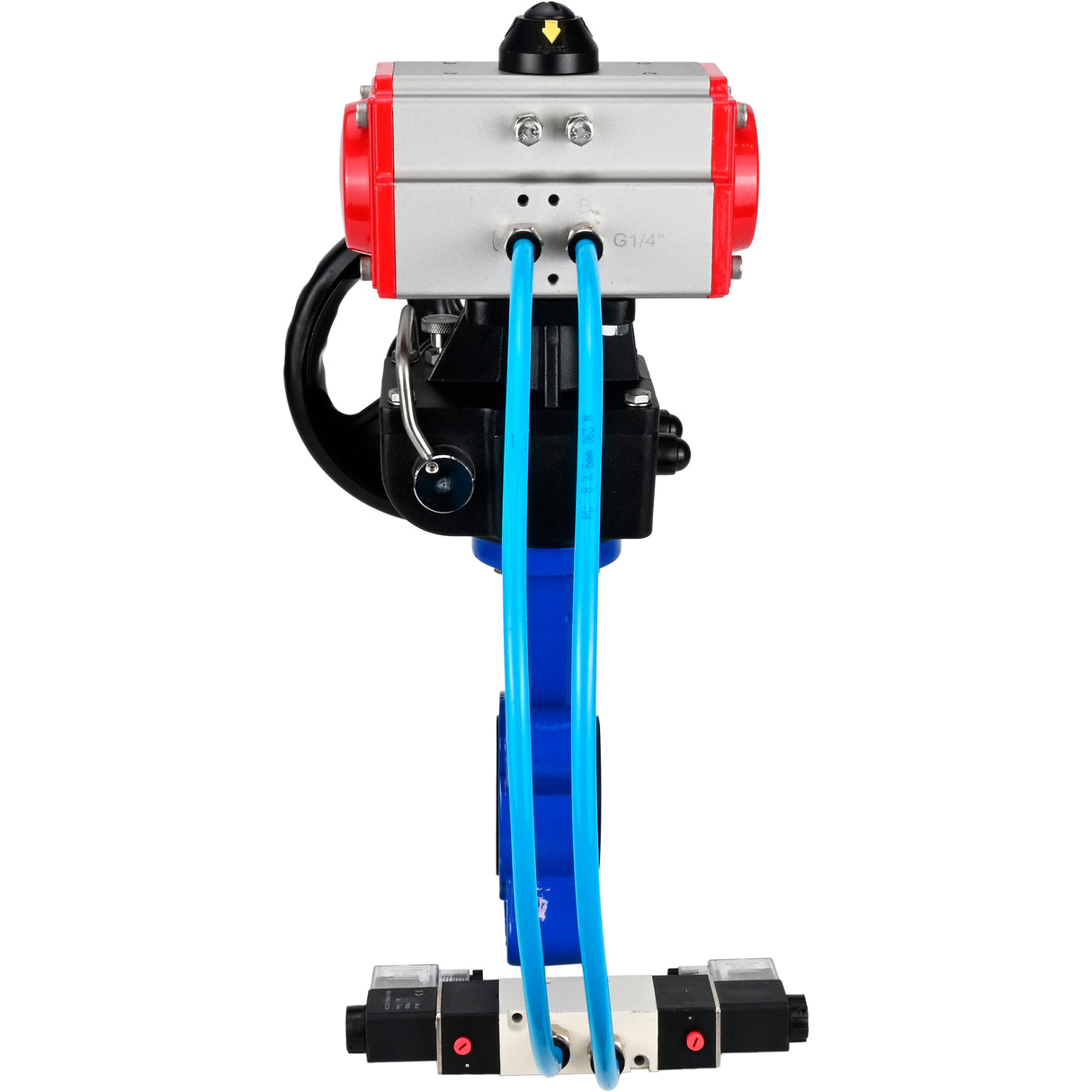 Vanne papillon d'eau Elephant WBV1631N-2W-Fb-H, matériau du corps - fonte QT450, matériau du disque - acier inoxydable AISI 304, joint - NBR, avec actionneur pneumatique double effet PA-DA, 4V320-08 220V, volant MON