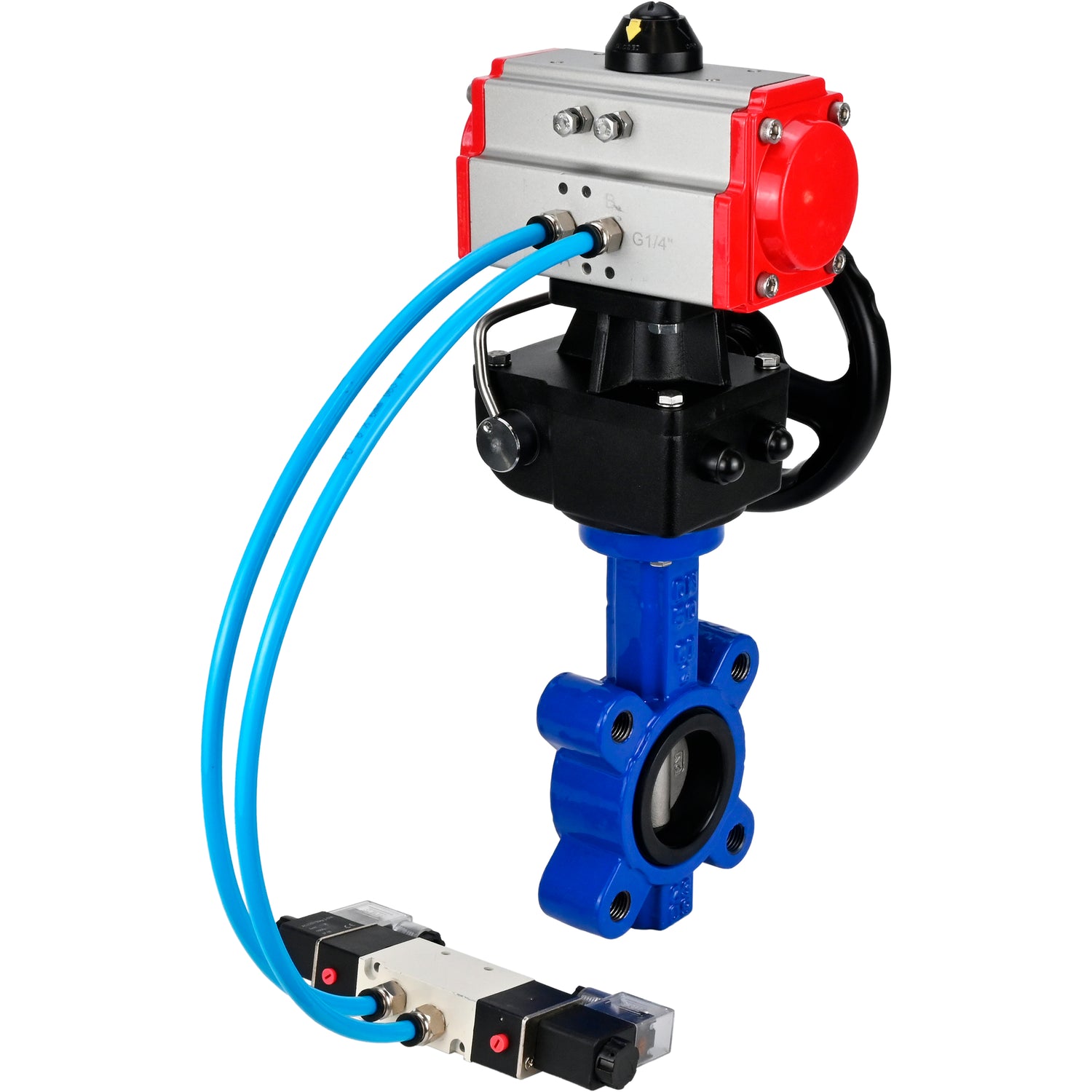 Vanne papillon d'eau Elephant WBV1631N-2W-Fb-H, matériau du corps - fonte QT450, matériau du disque - acier inoxydable AISI 304, joint - NBR, avec actionneur pneumatique double effet PA-DA, 4V320-08 220V, volant MON