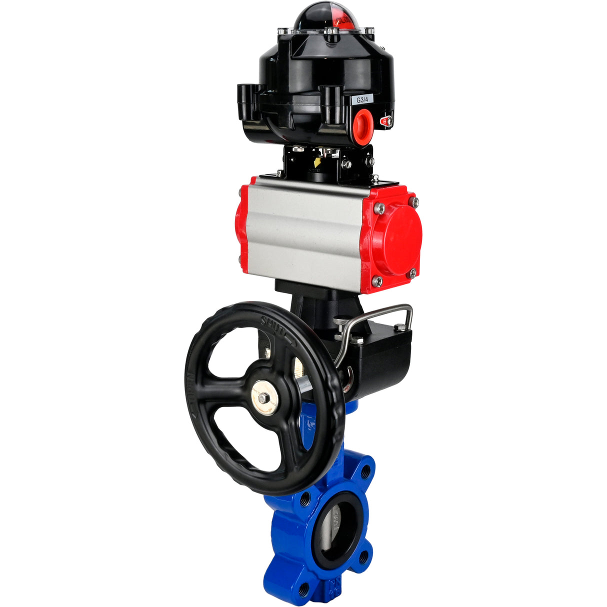 Vanne papillon d'eau Elephant WBV1631N-2W-Fb-H, matériau du corps - fonte QT450, matériau du disque - acier inoxydable AISI 304, joint - NBR, avec actionneur pneumatique double effet PA-DA, volant MON, BKV APL-510N EX