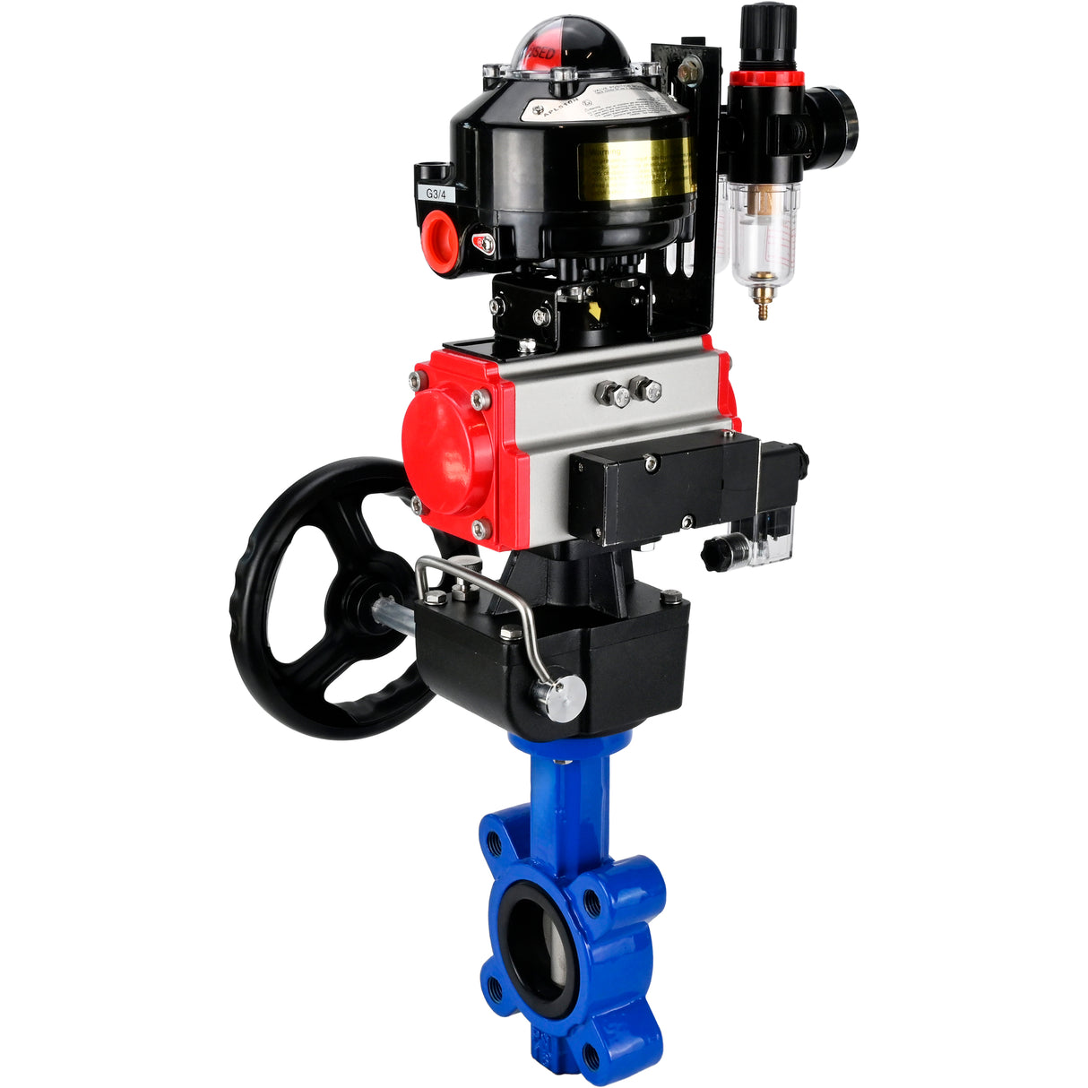Vanne papillon d'eau Elephant WBV1631N-2W-Fb-H, matériau du corps - fonte QT450, matériau du disque - acier inoxydable AISI 304, joint - NBR, actionneur pneumatique PA-DA double action, 4M310-08 24V, BKV APL-510N EX, volant MON, BPV AFC2000