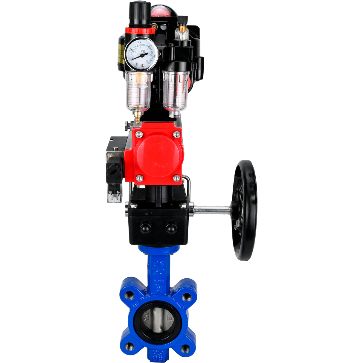 Vanne papillon d'eau Elephant WBV1631N-2W-Fb-H, matériau du corps - fonte QT450, matériau du disque - acier inoxydable AISI 304, joint - NBR, actionneur pneumatique PA-DA double action, 4M310-08 24V, BKV APL-510N EX, volant MON, BPV AFC2000