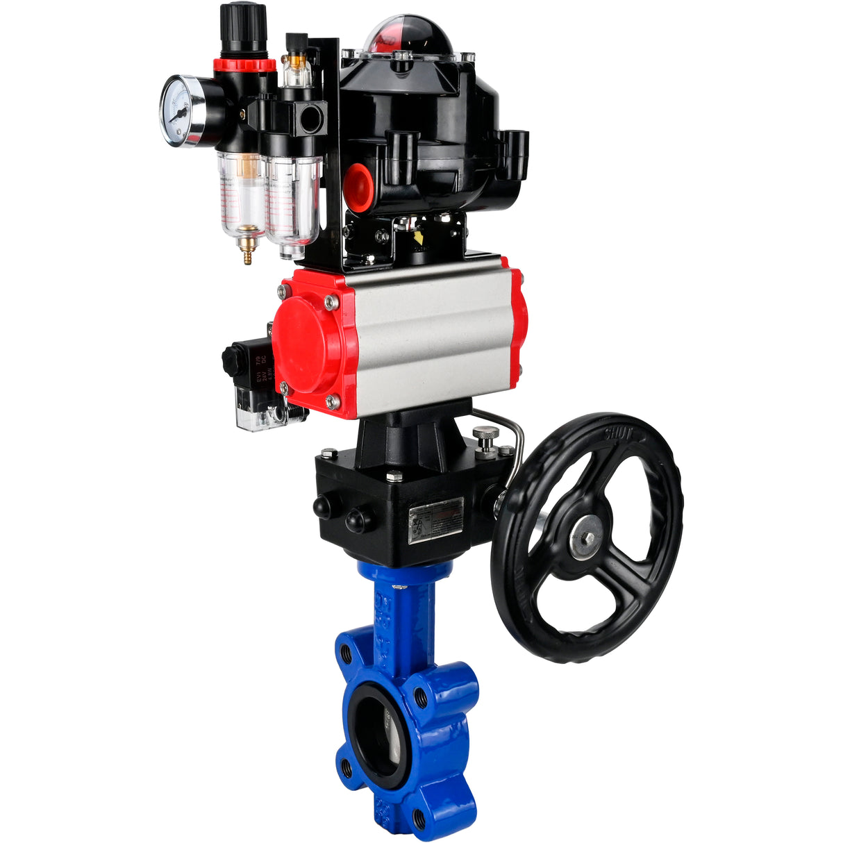 Vanne papillon d'eau Elephant WBV1631N-2W-Fb-H, matériau du corps - fonte QT450, matériau du disque - acier inoxydable AISI 304, joint - NBR, actionneur pneumatique PA-DA double action, 4M310-08 24V, BKV APL-510N EX, volant MON, BPV AFC2000
