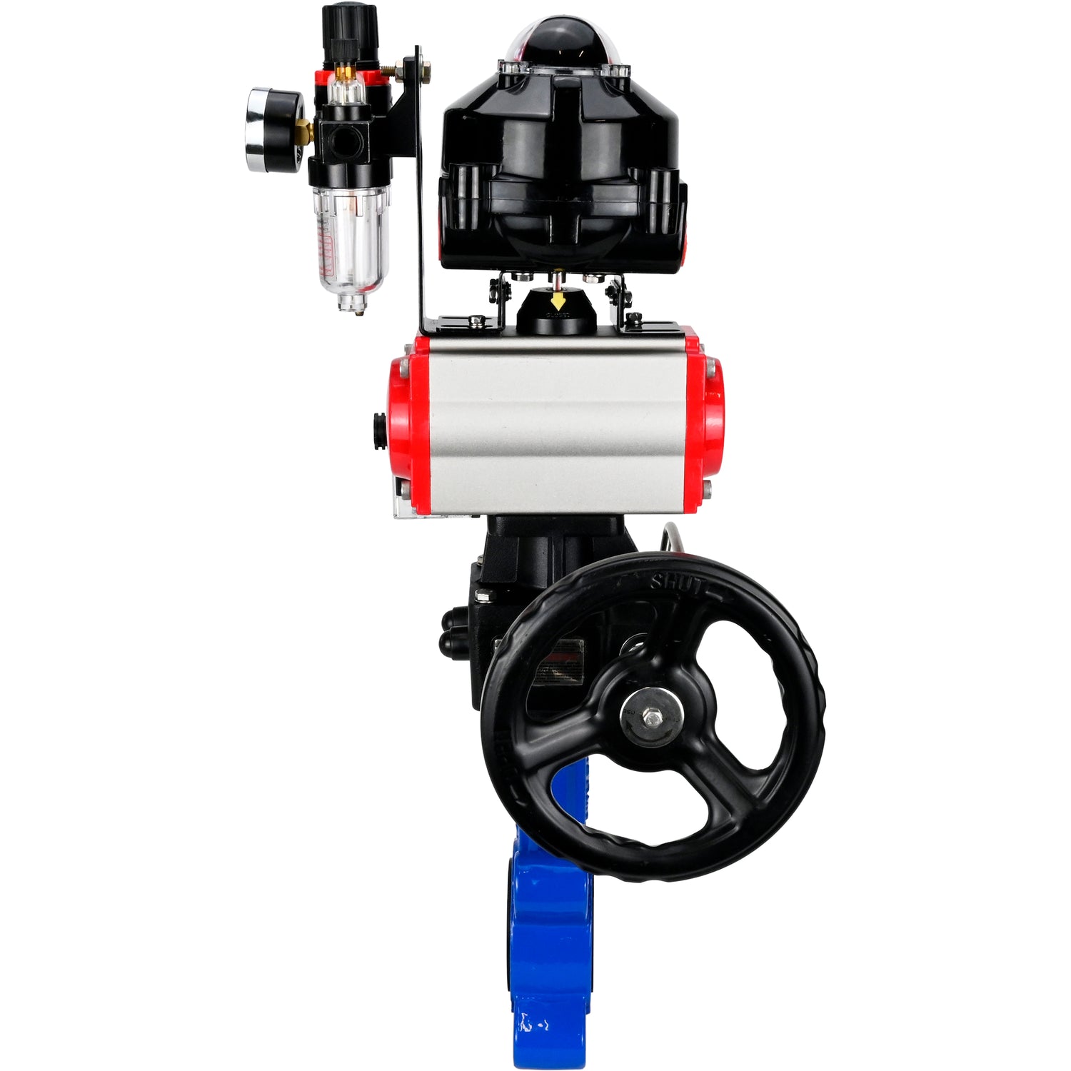 Vanne papillon d'eau Elephant WBV1631N-2W-Fb-H, matériau du corps - fonte QT450, matériau du disque - acier inoxydable AISI 304, joint - NBR, actionneur pneumatique PA-DA double action, 4M310-08 24V, BKV APL-510N EX, volant MON, BPV AFC2000