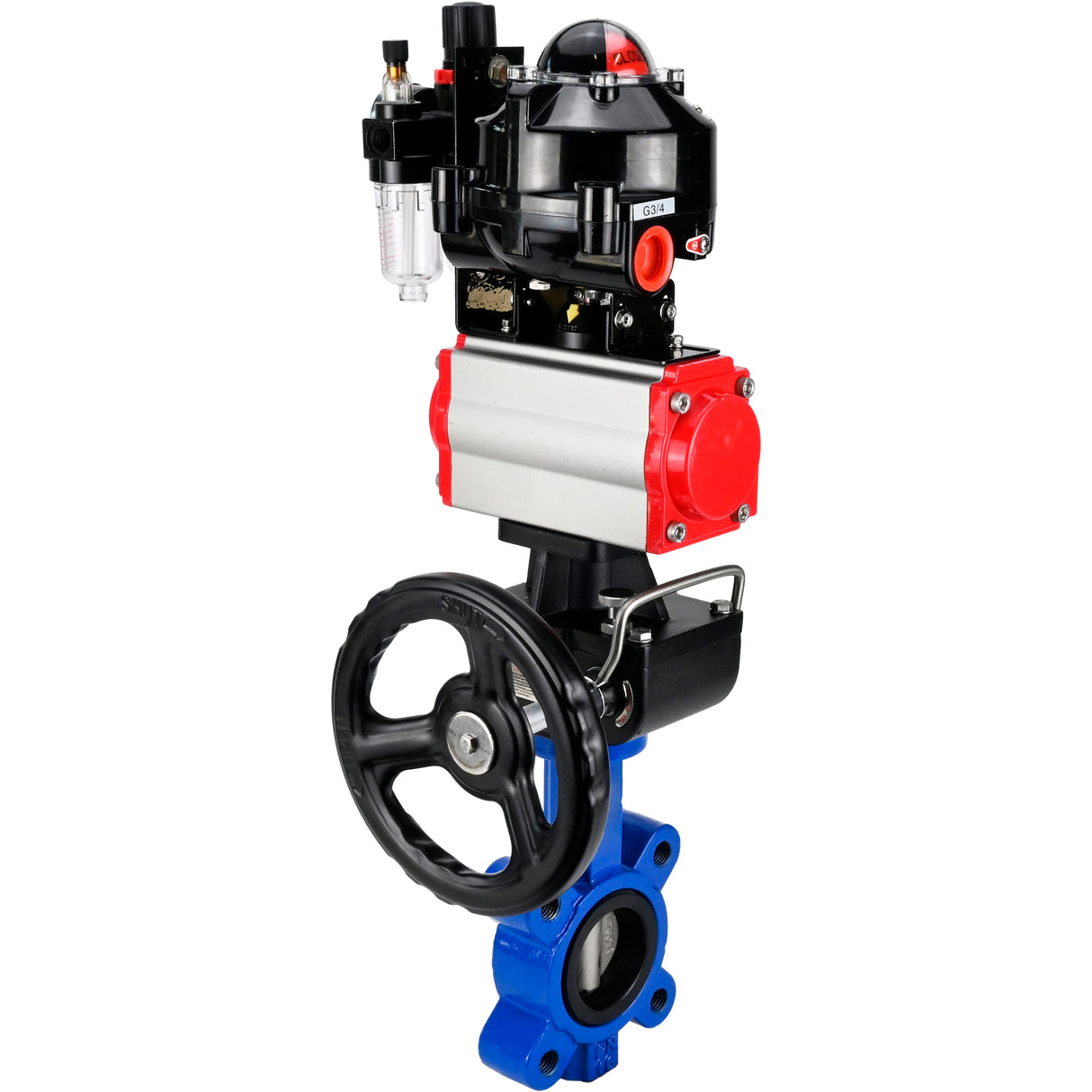 Vanne papillon d'eau Elephant WBV1631N-2W-Fb-H, matériau du corps - fonte QT450, matériau du disque - acier inoxydable AISI 304, joint - NBR, actionneur pneumatique PA-DA double action, 4M310-08 24V, BKV APL-510N EX, volant MON, BPV AFC2000