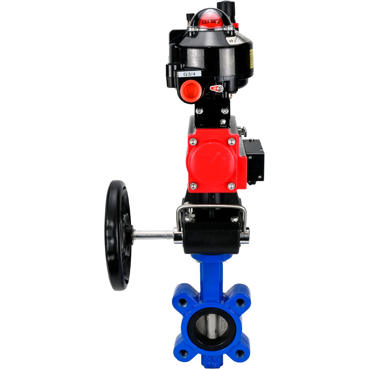 Vanne papillon d'eau Elephant WBV1631N-2W-Fb-H, matériau du corps - fonte QT450, matériau du disque - acier inoxydable AISI 304, joint - NBR, actionneur pneumatique PA-DA double action, 4M310-08 24V, BKV APL-510N EX, volant MON, BPV AFC2000