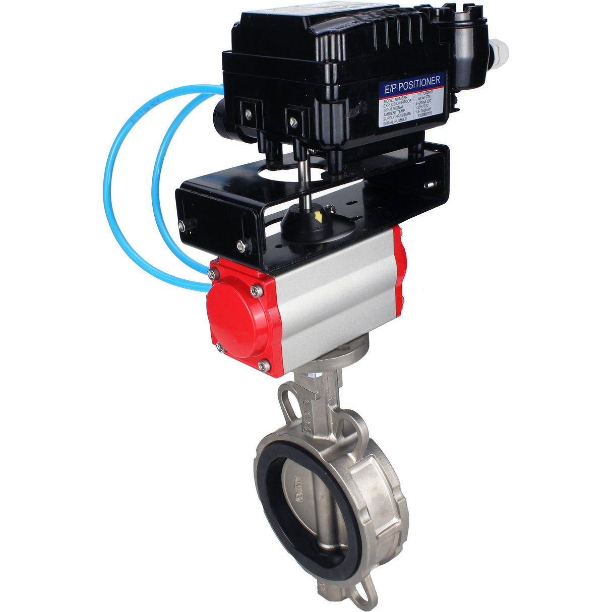 Vanne papillon d'eau Elephant WBV3131E-2W-Fb-H, matériau du corps - Acier inoxydable AISI 304, matériau du disque - Acier inoxydable AISI 304, joint - EPDM, actionneur pneumatique PA-SA avec ressorts de rappel, positionneur YT-1000RSN avec rétroaction