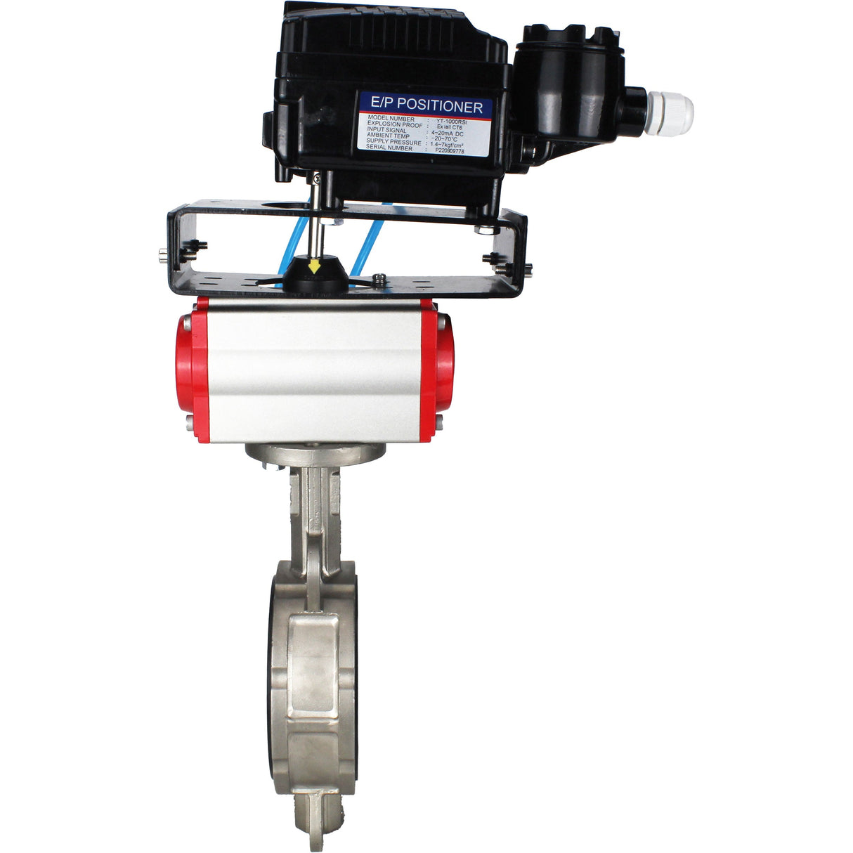 Vanne papillon d'eau Elephant WBV3131V-2W-Fb-H, matériau du corps - Acier inoxydable AISI 304, matériau du disque - Acier inoxydable AISI 304, joint - Viton, actionneur pneumatique PA-SA avec ressorts de rappel, positionneur YT-1000RSN avec rétroaction