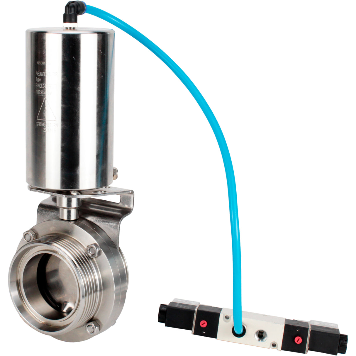 Water Butterfly valves Elephant WBV3131E-2W-T-H, body material - stainless steel AISI 304, seal - EPDM, with pneumatic actuator PA-SA-85, pneumatic distributor 4V320-08 220V