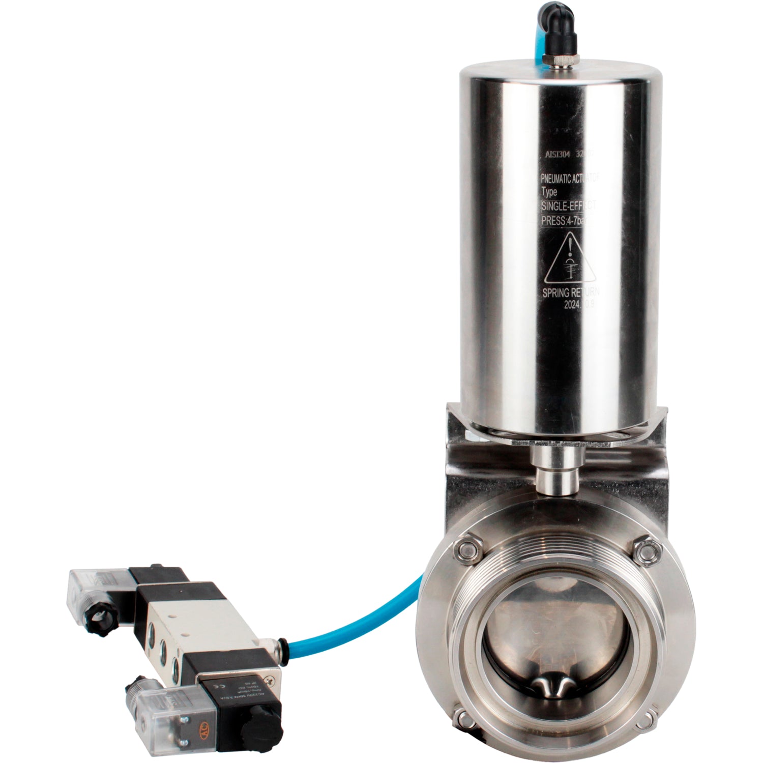 Water Butterfly valves Elephant WBV3131E-2W-T-H, body material - stainless steel AISI 304, seal - EPDM, with pneumatic actuator PA-SA-85, pneumatic distributor 4V320-08 220V