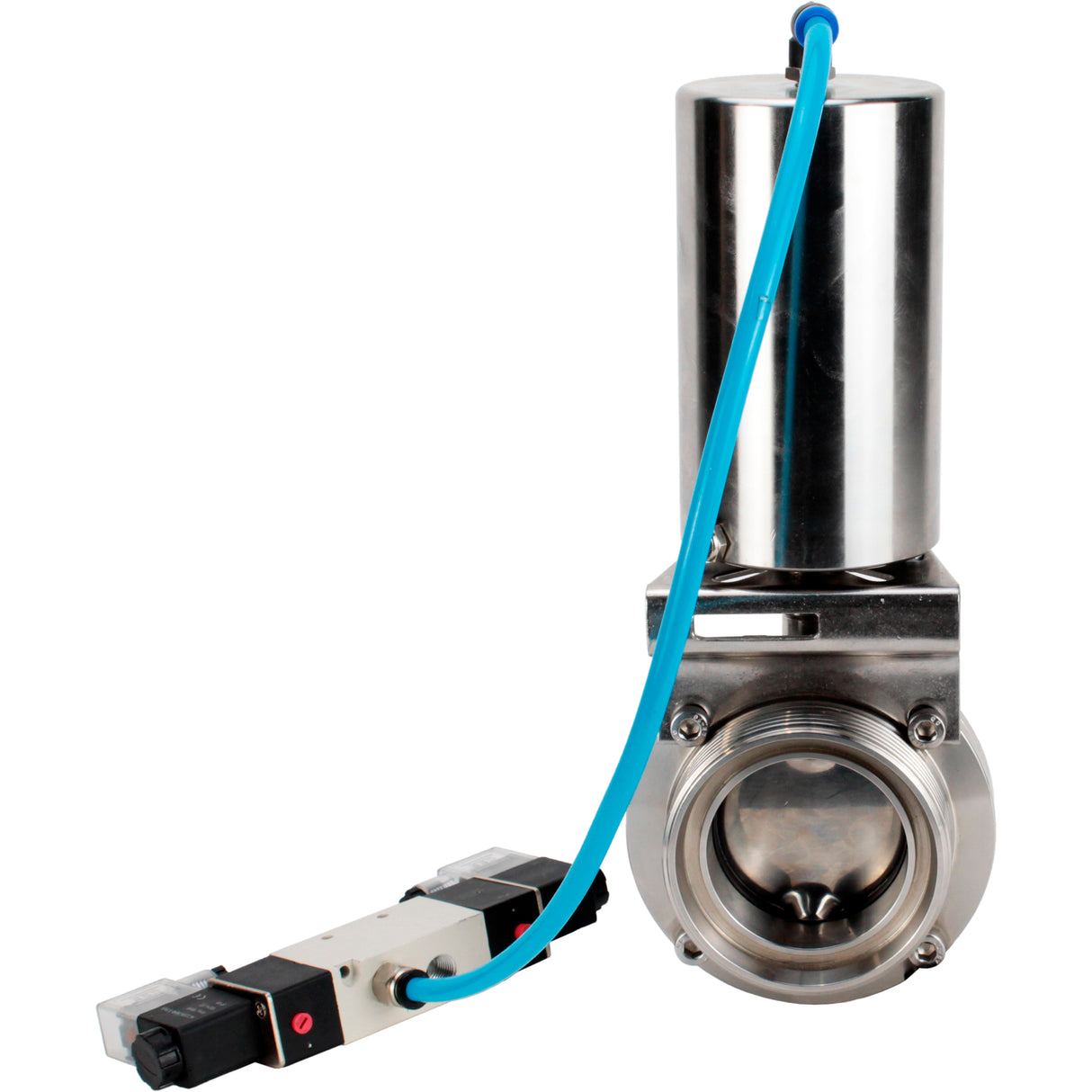 Water Butterfly valves Elephant WBV3131E-2W-T-H, body material - stainless steel AISI 304, seal - EPDM, with pneumatic actuator PA-SA-85, pneumatic distributor 4V320-08 220V