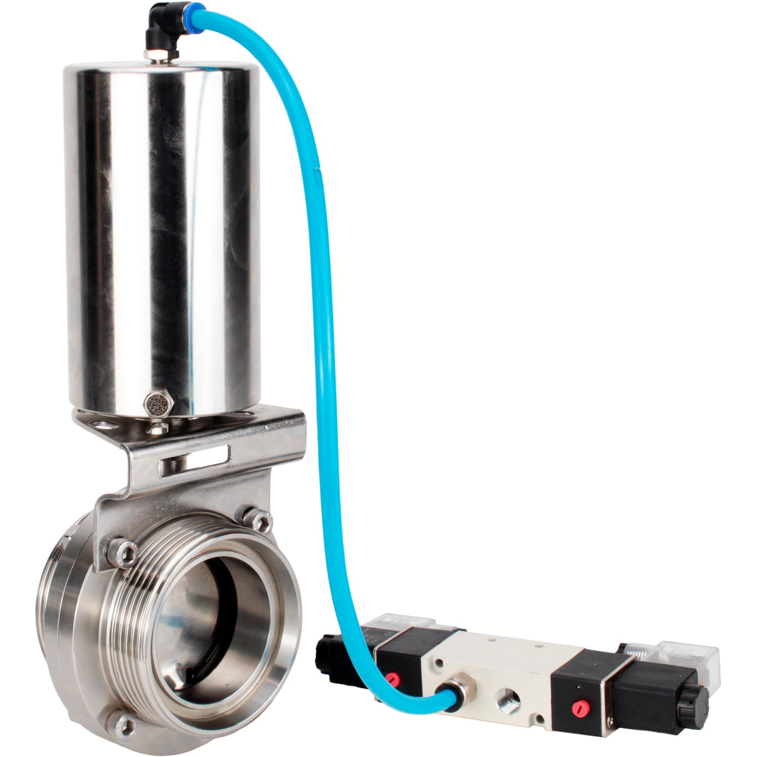 Water Butterfly valves Elephant WBV3131E-2W-T-H, body material - stainless steel AISI 304, seal - EPDM, with pneumatic actuator PA-SA-85, pneumatic distributor 4V320-08 220V
