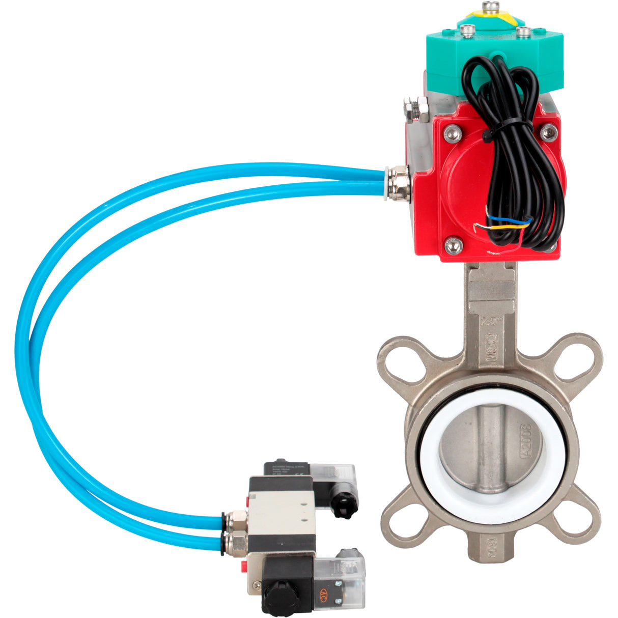 Water Butterfly Valve Elephant WBV3232P-2W-Fb-H DN40-300 16 bar case - 316L stainless steel, disc - 316L stainless steel, seal - PTFE, with pneumatic actuator PA-DA-XXX, pneumatic distributor 4V320-08 220V and ALS200D magnetic switch
