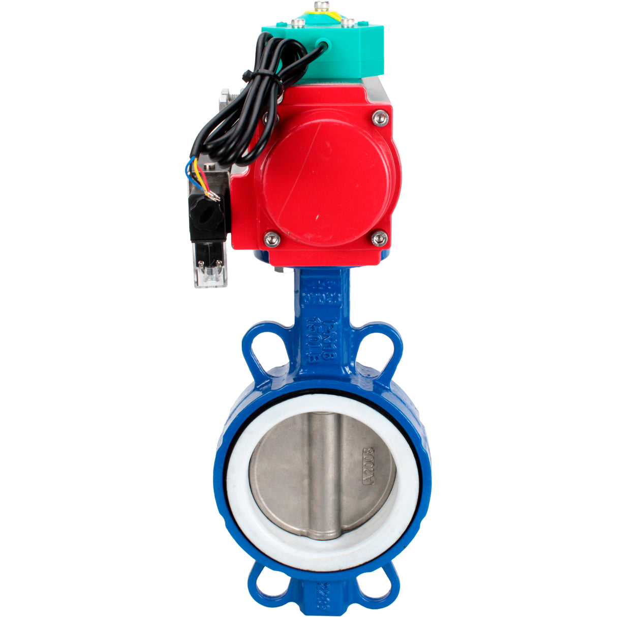 Water Butterfly Valve Elephant WBV3432P-2W-Fb-H DN40-300 16 bar body - WCB carbon steel, disc - 316L stainless steel, seal - PTFE, with pneumatic actuator PA-DA-XXX, pneumatic distributor 4M310-08 NAMUR 24V and ALS200D magnetic switch