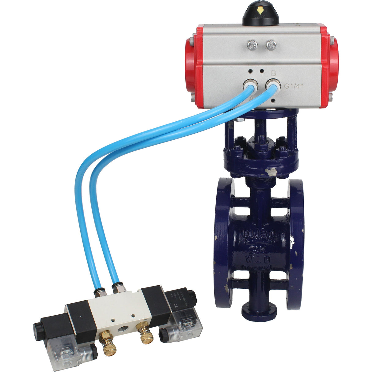 Vanne papillon d'eau Elephant WBV3EX-3432M-1W-F-ISO, matériau du corps - Acier au carbone, matériau du disque - Acier inoxydable AISI 316, joint - Métal, actionneur pneumatique PA-SA avec ressorts de rappel, 4V320-10 220V