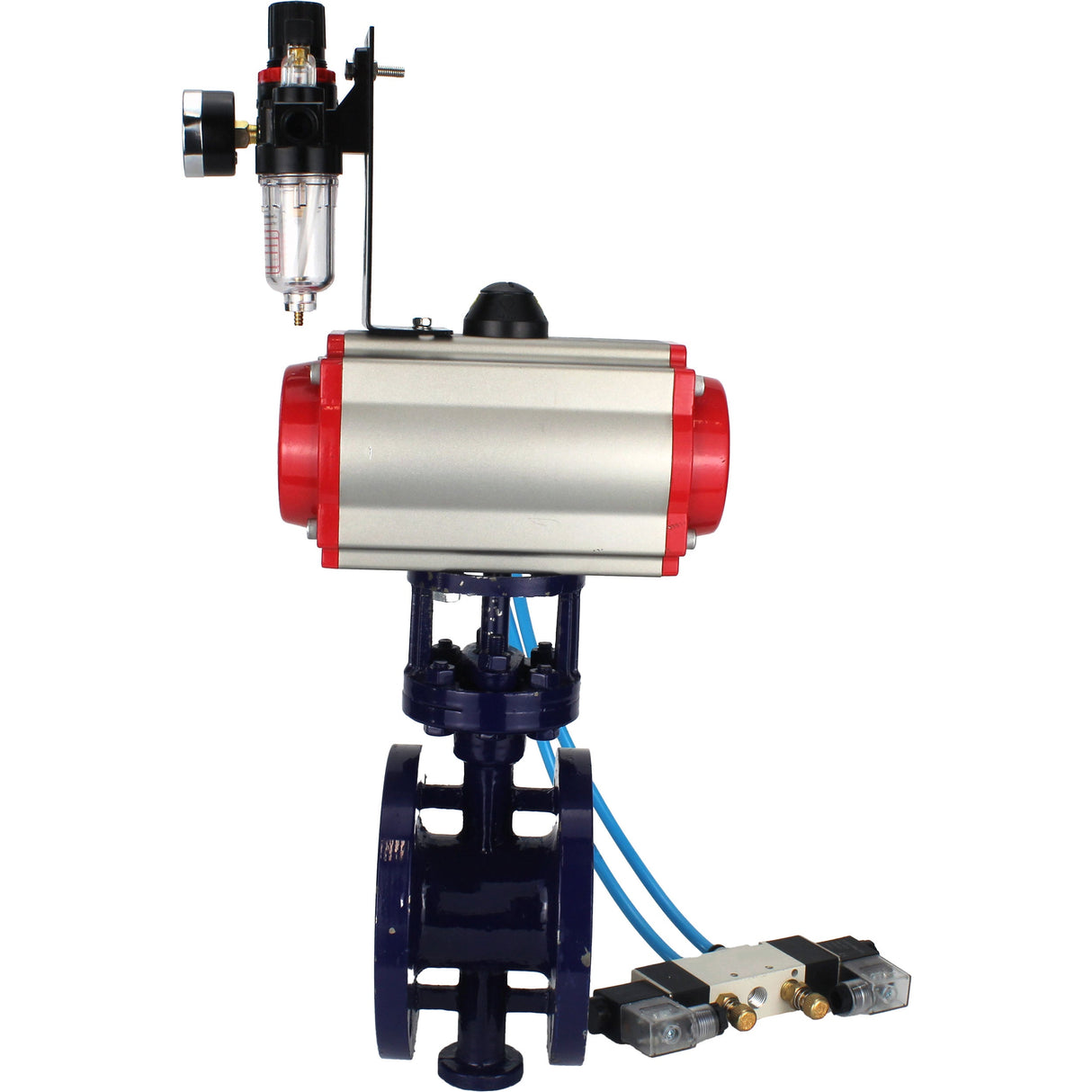 Vanne papillon d'eau Elephant WBV3EX-3431M-1W-F-ISO, matériau du corps - Acier au carbone, matériau du disque - Acier inoxydable AISI 304, joint - Métal, actionneur pneumatique PA-SA avec ressorts de rappel, 4V320-08 220V BPV AFC2000