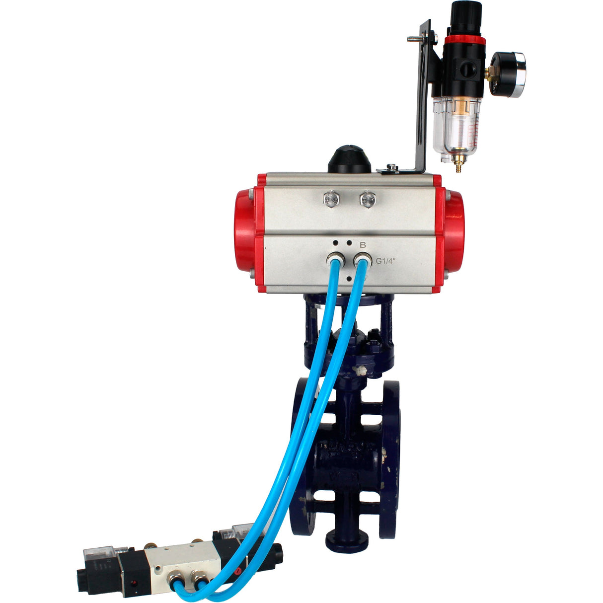 Vanne papillon d'eau Elephant WBV3EX-3431M-1W-F-ISO, matériau du corps - Acier au carbone, matériau du disque - Acier inoxydable AISI 304, joint - Métal, actionneur pneumatique PA-SA avec ressorts de rappel, 4V320-08 220V BPV AFC2000