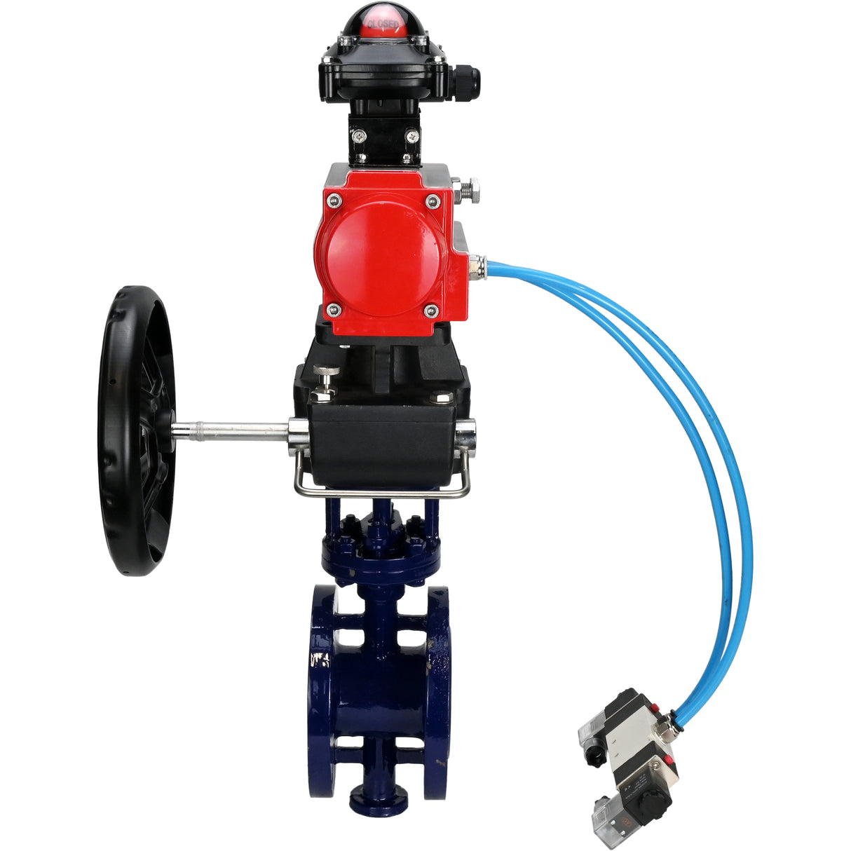 Vanne papillon d'eau Elephant WBV3EX-3432M-1W-F-ISO, matériau du corps - Acier au carbone, matériau du disque - Acier inoxydable AISI 316, joint - Métal, actionneur pneumatique PA-DA double action, 4V320-10 220V, BKV APL-210N, volant MON