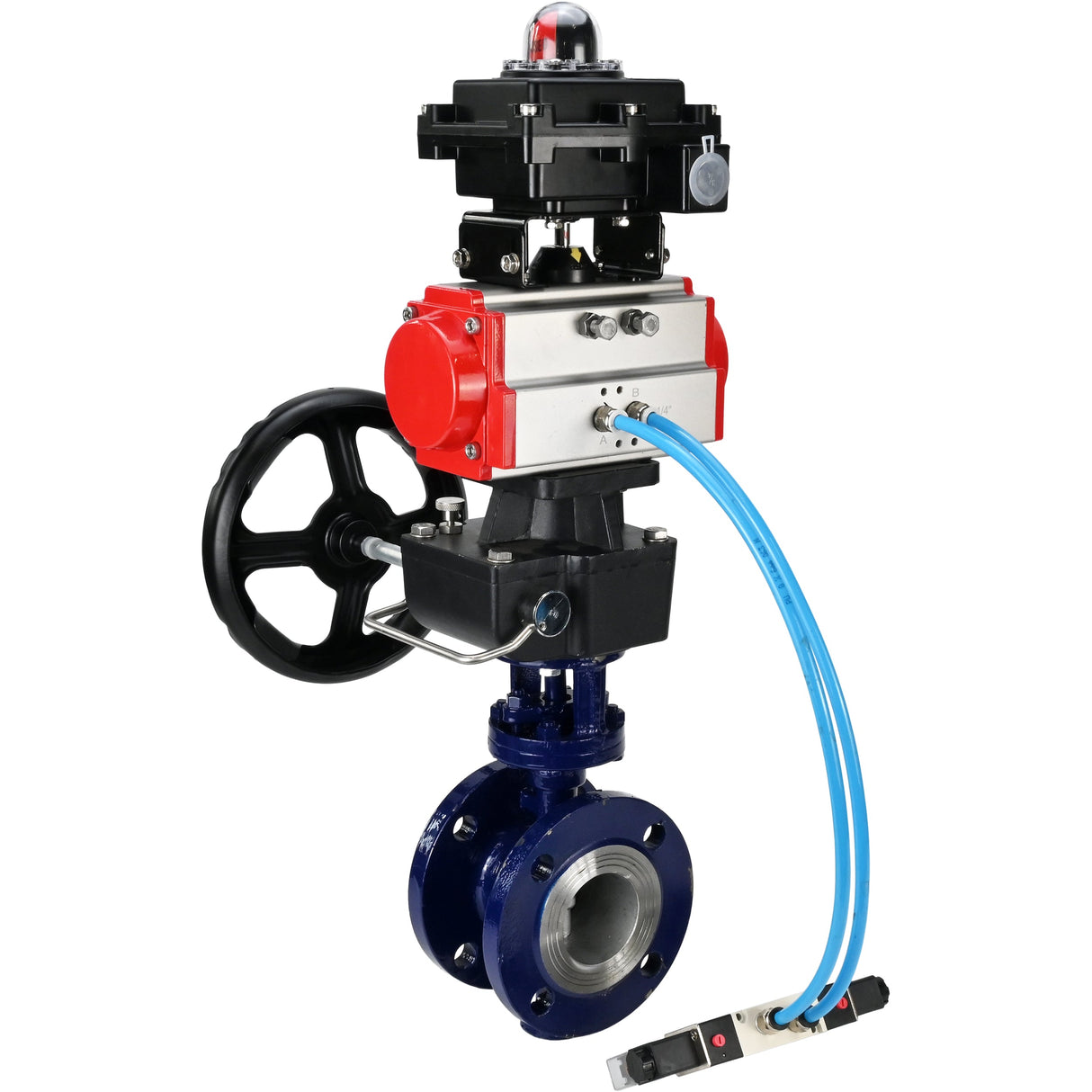 Vanne papillon d'eau Elephant WBV3EX-3432M-1W-F-ISO, matériau du corps - Acier au carbone, matériau du disque - Acier inoxydable AISI 316, joint - Métal, actionneur pneumatique PA-DA double action, 4V320-08 220V, BKV APL-410N EX, volant MON