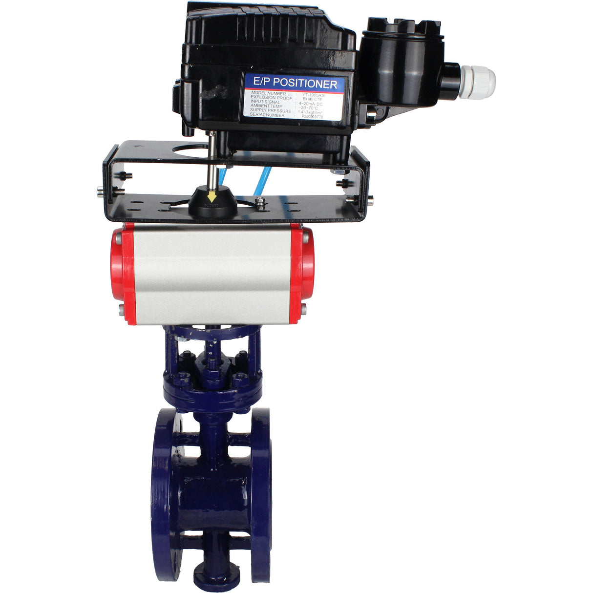 Vanne papillon d'eau Elephant WBV3EX-3431M-1W-F-ISO, matériau du corps - Acier au carbone, matériau du disque - Acier inoxydable AISI 304, joint - Métal, actionneur pneumatique PA-DA double action, positionneur YT-1000RSN sans rétroaction