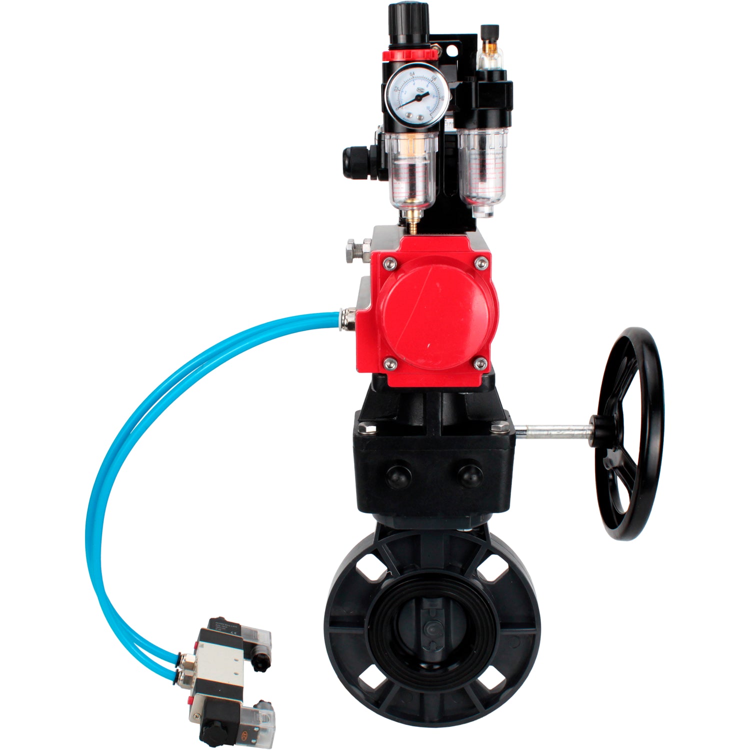 Butterfly valves Elephant WBV4242E-2W-Fb-ISO, body material - UPVC, disc material - UPVC, seal - EPDM, with pneumatic actuator double action PA-DA, pneumatic distributor 4V320-10 220V, LSU APL-210N, ATU AFC2000 and handwheel MON