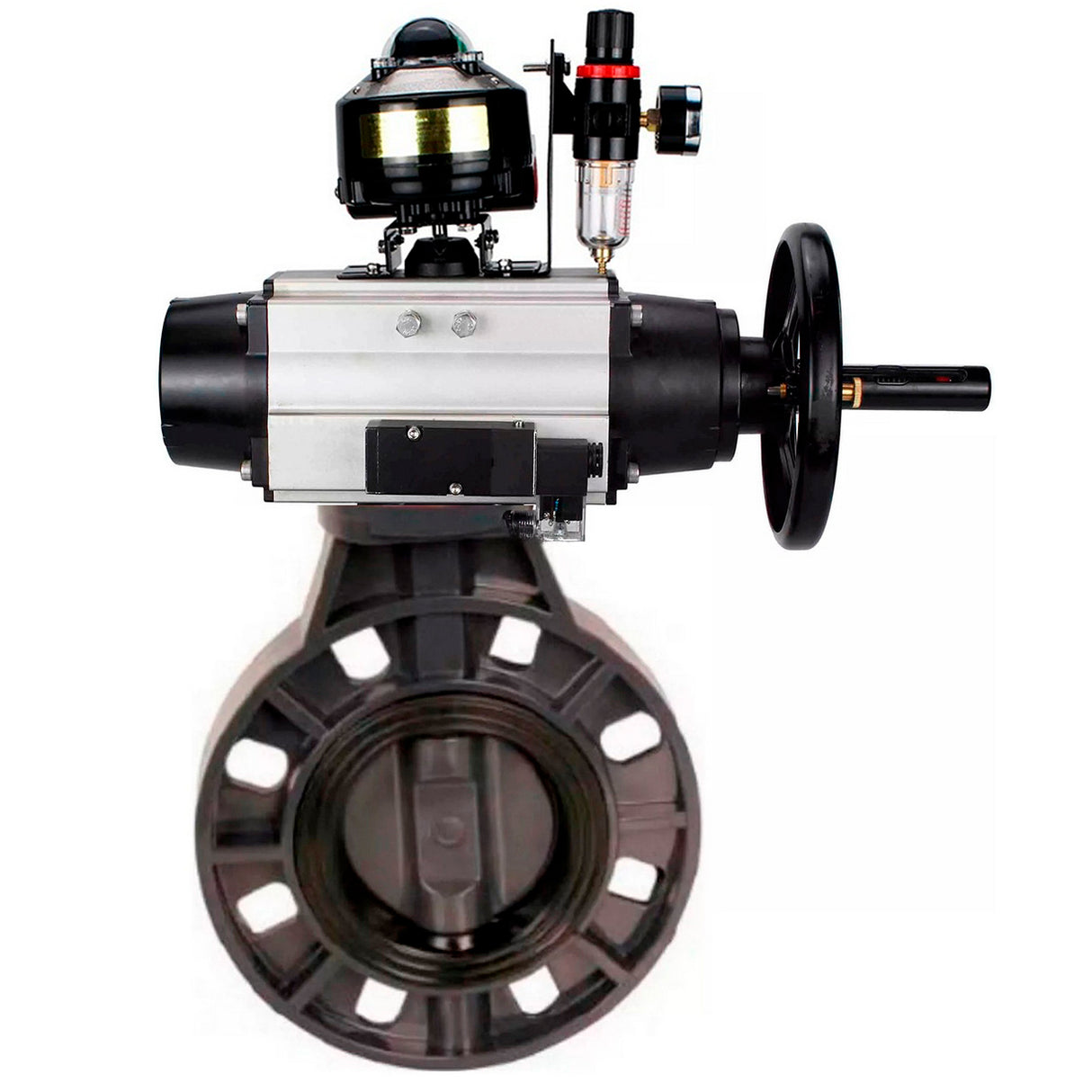 Butterfly valves Elephant WBV4242E-2W-Fb-ISO, body material - UPVC, disc material - UPVC, seal - EPDM, with pneumatic actuator double action PA-DA-105-1, pneumatic distributor 4M310-08 NAMUR 220V, LSU APL-510N EX and ATU AFC2000