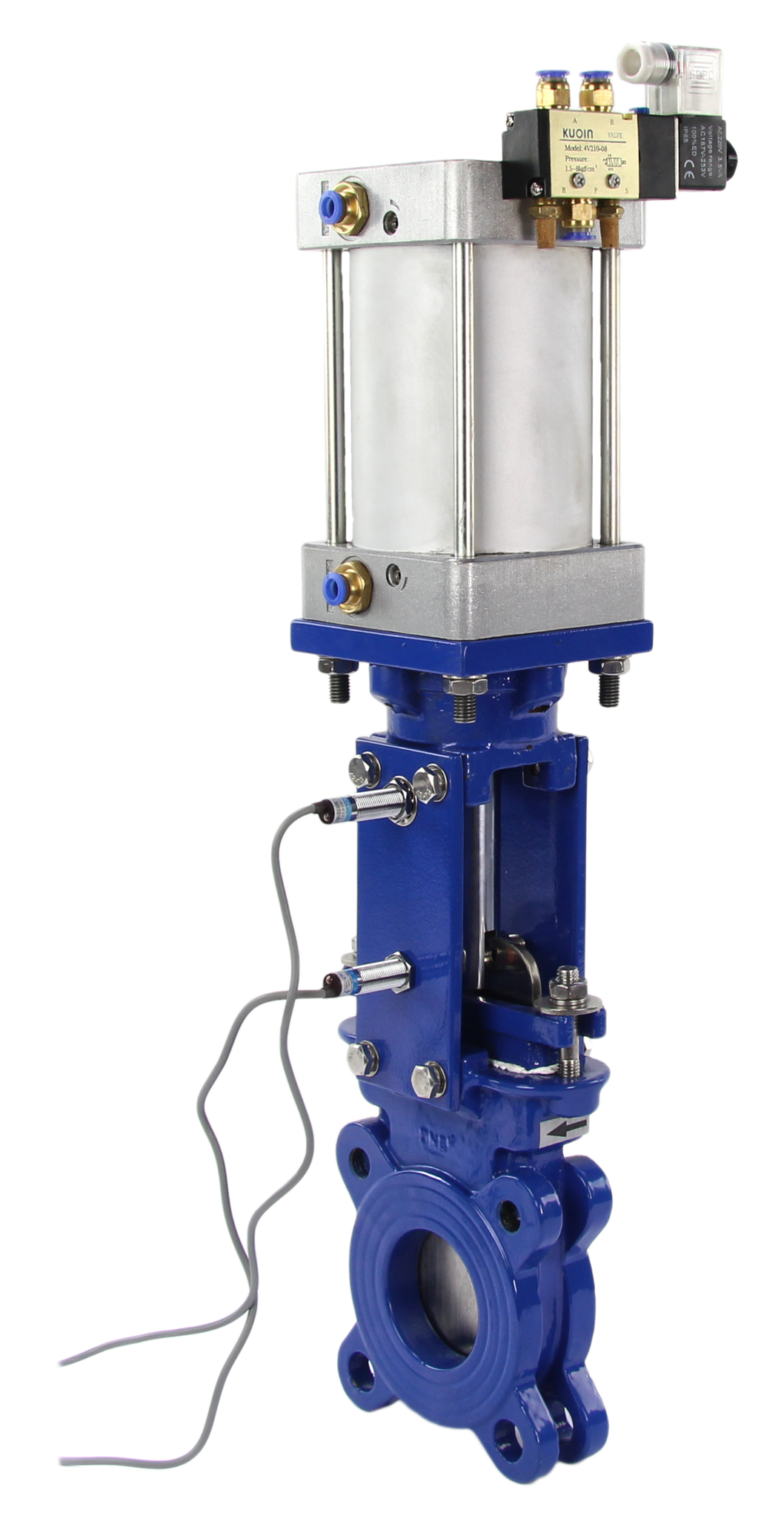 Válvula de compuerta de cuchilla tipo wafer Elephant GGG40-SS304-EPDM-2W-DA PSI145 Clase 125 con actuador neumático, electroválvula neumática 4V210-08 110/220V, sensores inductivos LJ12A3-4-J/EZ 110/220V y filtro de aire AFC2000