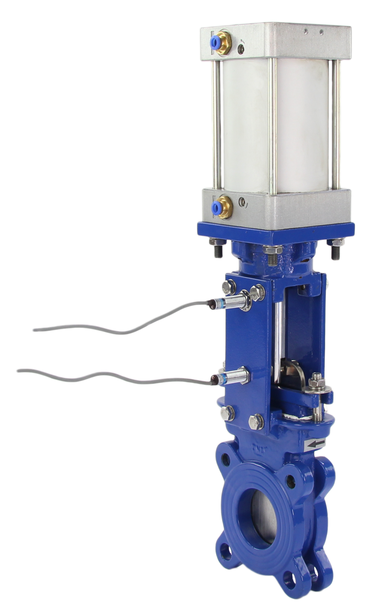 Válvula de compuerta de cuchilla tipo wafer Elephant GGG40-SS304-EPDM-2W-DA PSI145 Clase 125 con actuador neumático, electroválvula neumática 4V210-08 24 V y sensores inductivos LJ12A3-4-J/EZ 24 V