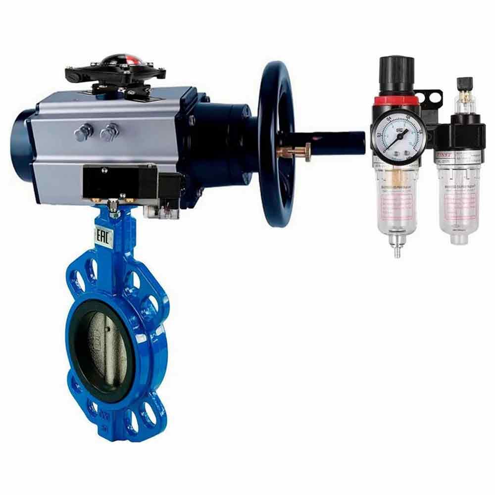 Water Butterfly Valve Elephant WBV1132N-2W-Fb body material - Cast iron GG25/EN-GJL-250, disk material - Stainless steel AISI 316L/1.4404, seal - NBR with pneumatic actuator double acting PA-DA-105-1, pneumatic distributor 4V320-10 220V, limit switch