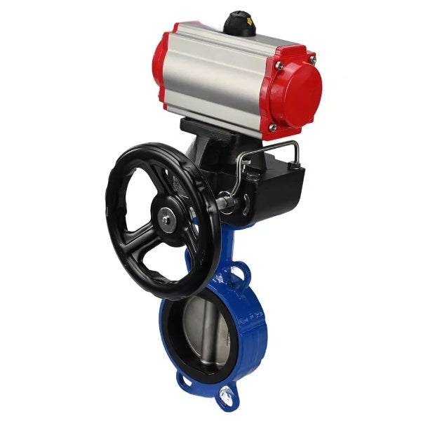 Vanne papillon d'eau Elephant WBV3432V-2W-Fb-H, matériau du corps - acier au carbone, matériau du disque - acier inoxydable AISI 316L, joint - Viton, avec actionneur pneumatique double effet PA-DA, 4V320-08 220V, volant MON