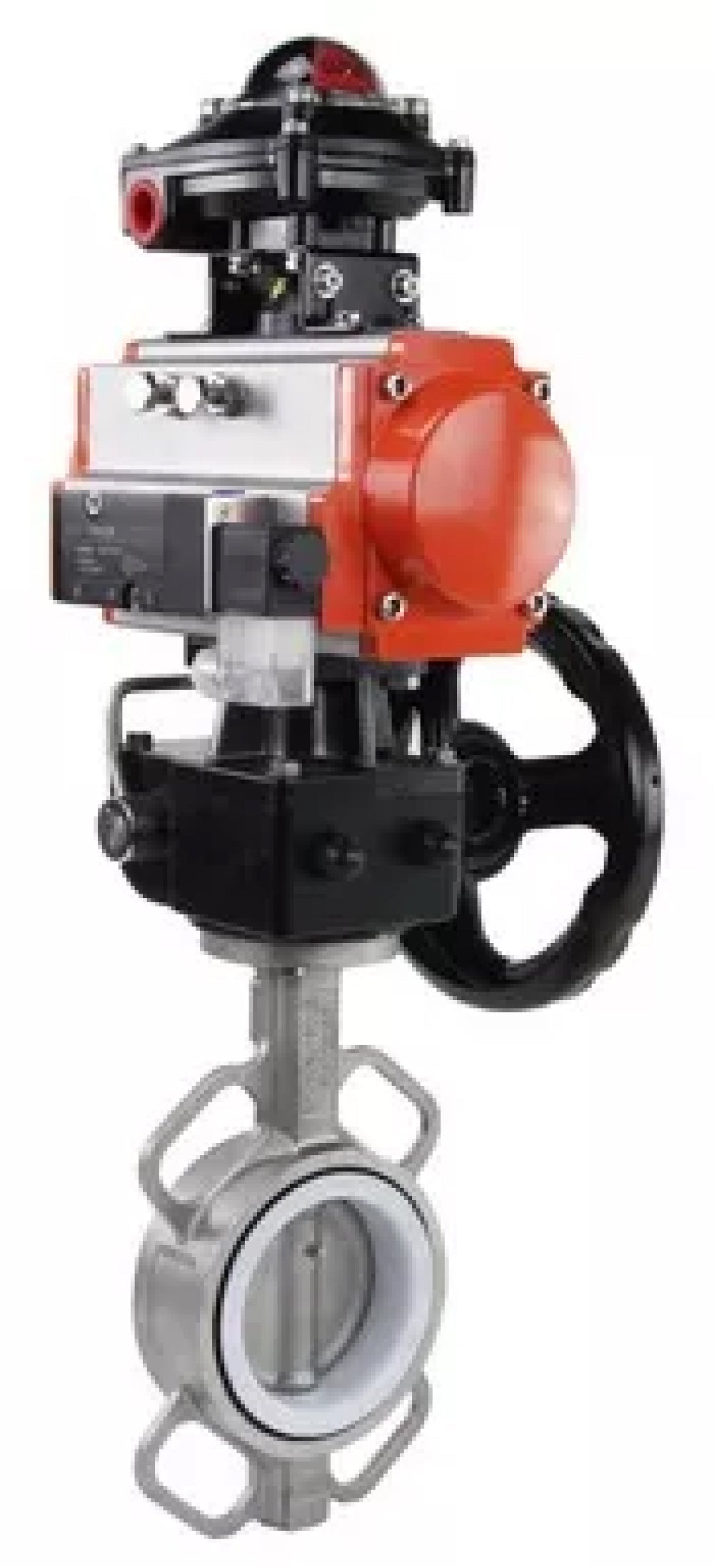 Vanne papillon d'eau Elephant WBV3232P-2W-Fb-H, matériau du corps - acier inoxydable AISI 316L, matériau du disque - acier inoxydable AISI 316L, joint - PTFE, avec actionneur pneumatique double effet PA-DA, 4V320-08 220V, volant MON, BKV APL-210N