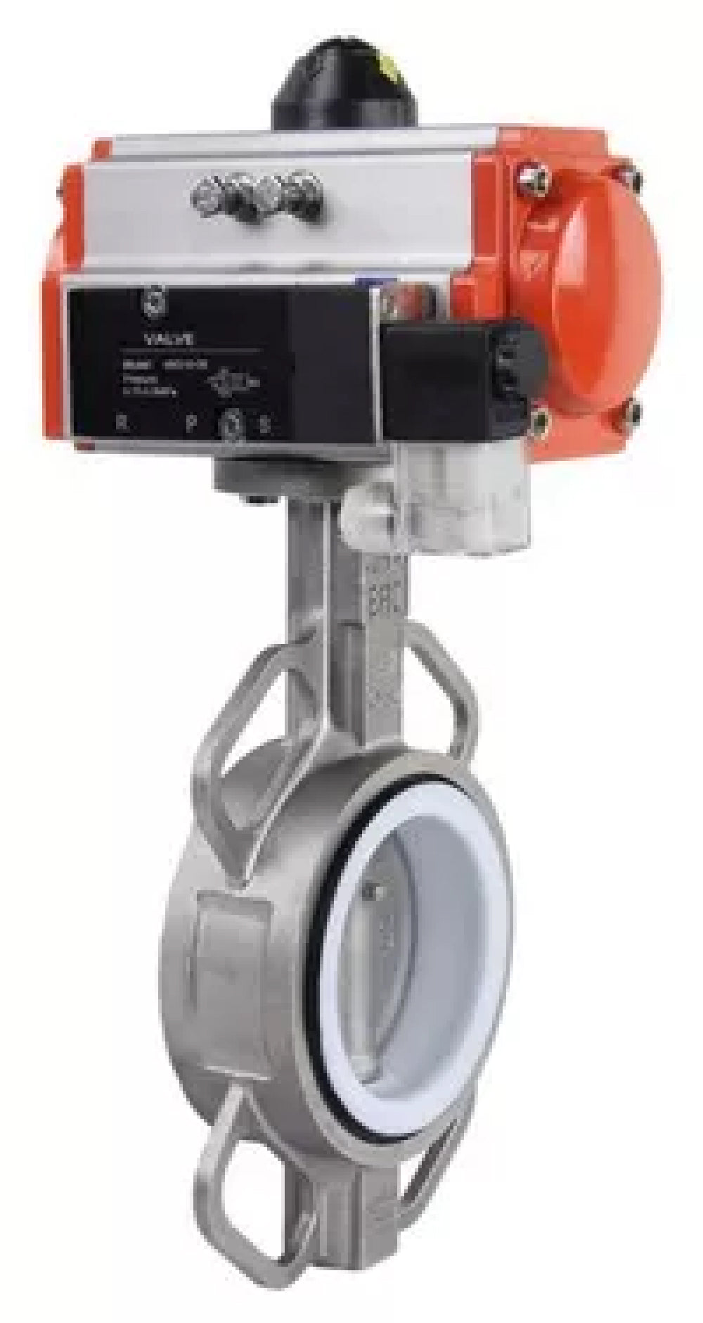 Vanne papillon d'eau Elephant WBV3232P-2W-Fb-H, matériau du corps - acier inoxydable AISI 316L, matériau du disque - acier inoxydable AISI 316L, joint - PTFE, avec actionneur pneumatique double effet PA-DA, 4V320-10 220V