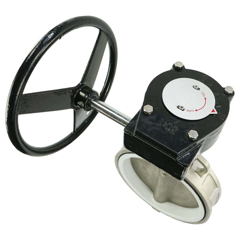 Válvula de mariposa de agua Elephant 316L-PTFE-RDN, material del cuerpo - acero inoxidable AISI 316L, material del disco - acero inoxidable AISI 316L, sello - PTFE, operada por engranajes