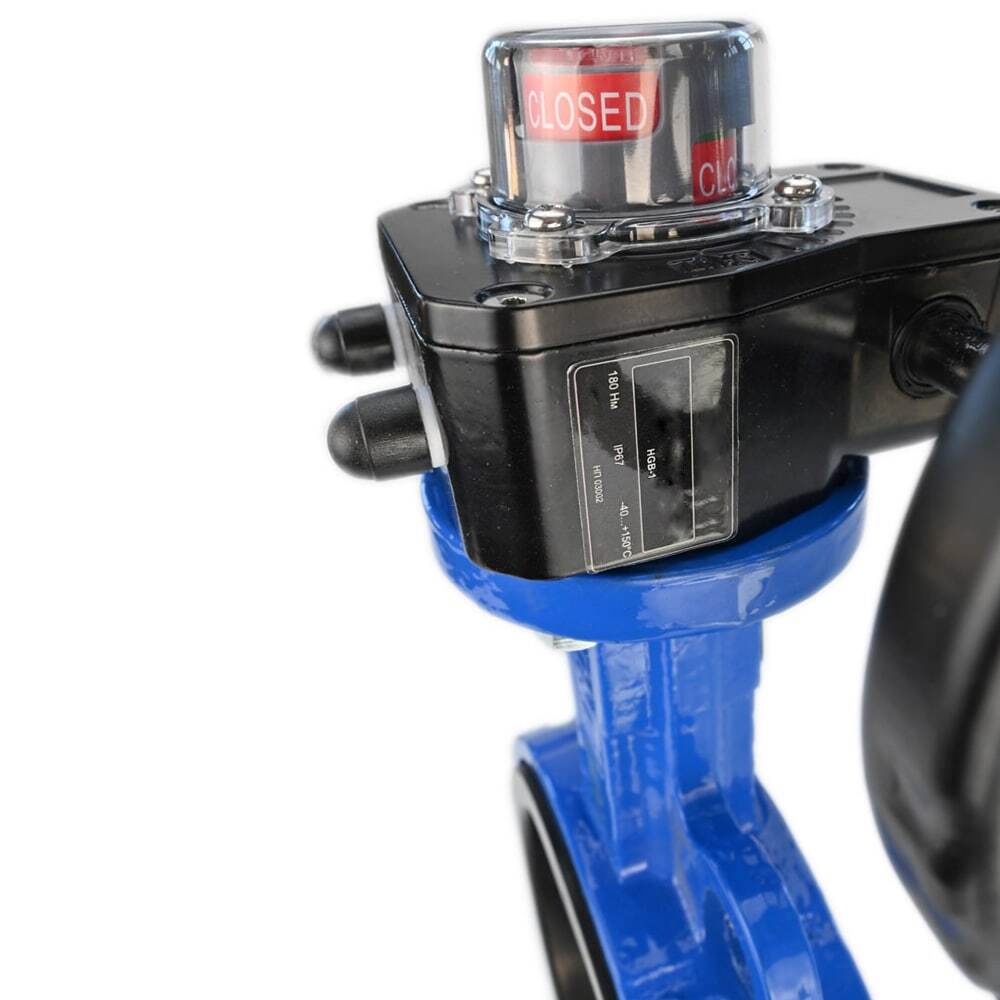 Válvula de mariposa de agua Elephant GG25-316L-NBR, material del cuerpo: fundición GG25, material del disco: acero inoxidable 316L, junta: NBR con engranaje Elephant HGBF, con indicador de posición y sensor de retroalimentación