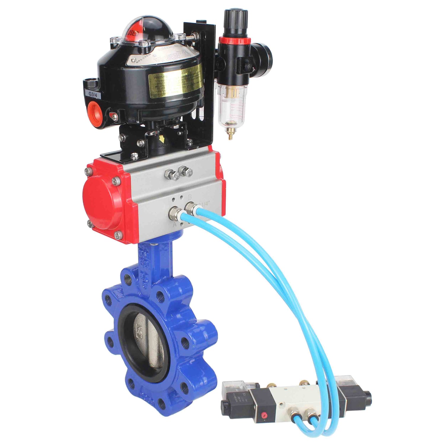 Vanne papillon d'eau Elephant WBV1616N-2W-Fb-H, matériau du corps - fonte QT450, matériau du disque - fonte QT450, joint - NBR, actionneur pneumatique PA-DA double action, 4V320-08 220V, BKV APL-510N EX, BPV AFC2000