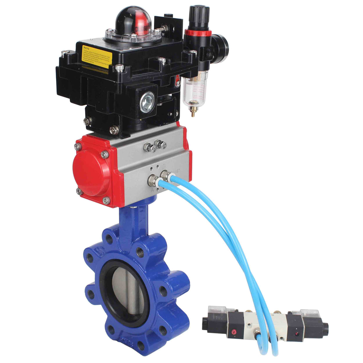 Vanne papillon d'eau Elephant WBV1631N-2W-Fb-H, matériau du corps - fonte QT450, matériau du disque - acier inoxydable AISI 304, joint - NBR, actionneur pneumatique PA-SA avec ressorts de rappel, 4V320-08 220V, BKV APL-410N EX BPV AFC2000