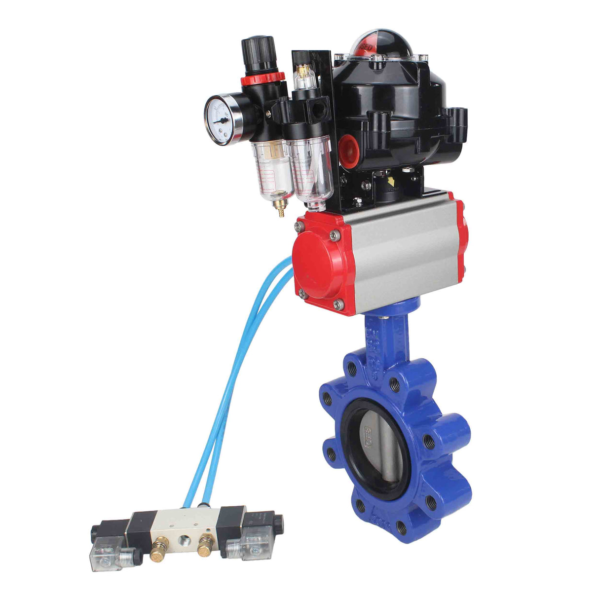 Vanne papillon d'eau Elephant WBV1631E-2W-Fb-H, matériau du corps - fonte QT450, matériau du disque - acier inoxydable AISI 304, joint - EPDM, actionneur pneumatique PA-SA avec ressorts de rappel, 4V320-10 220V, BKV APL-510N EX, BPV AFC2000