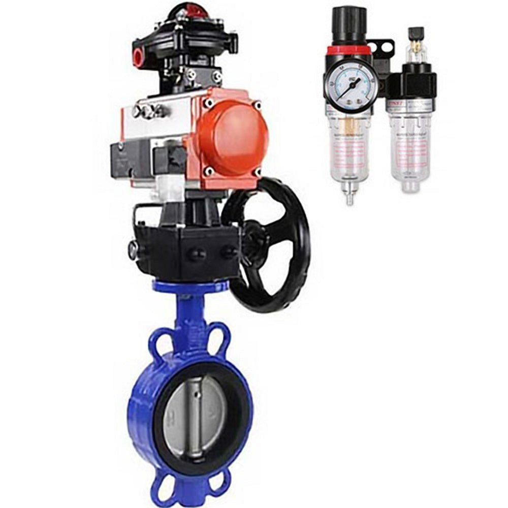 Vanne papillon d'eau Elephant WBV1632E-2W-Fb-H, matériau du corps - fonte QT450, matériau du disque - acier inoxydable AISI 316L, joint - EPDM, actionneur pneumatique PA-DA double action, 4V320-08 220V, BKV APL-410N-EX, volant HDM, BPV AFC2000