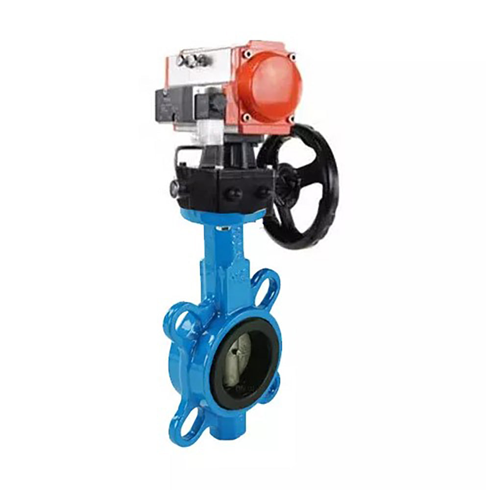 Vanne papillon d'eau Elephant WBV1632E-2W-Fb-H, matériau du corps - fonte QT450, matériau du disque - acier inoxydable AISI 316L, joint - EPDM, actionneur pneumatique PA-DA double action, volant 4V320-10 220V HDM,