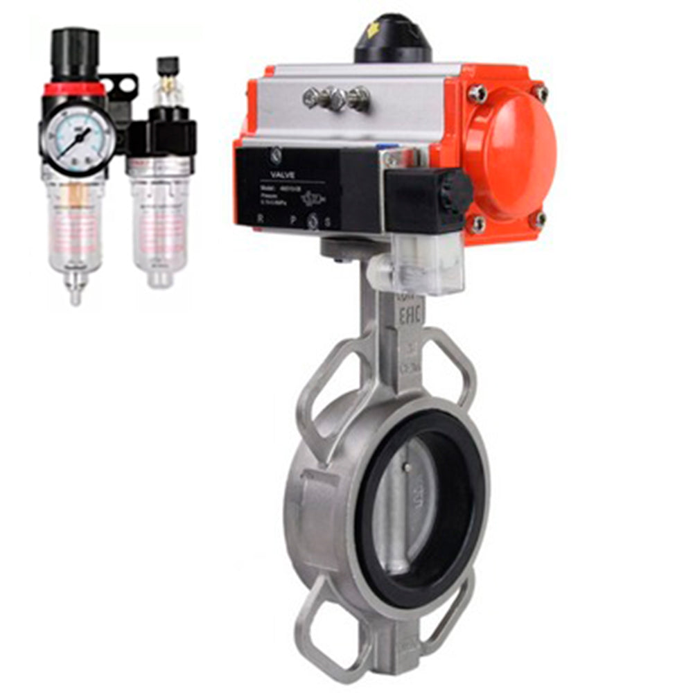 Vanne papillon d'eau Elephant WBV3131N-2W-Fb-H, matériau du corps - Acier inoxydable AISI 304, matériau du disque - Acier inoxydable AISI 304, joint - NBR, actionneur pneumatique PA-DA double action, 4V320-10 220V BPV AFC2000