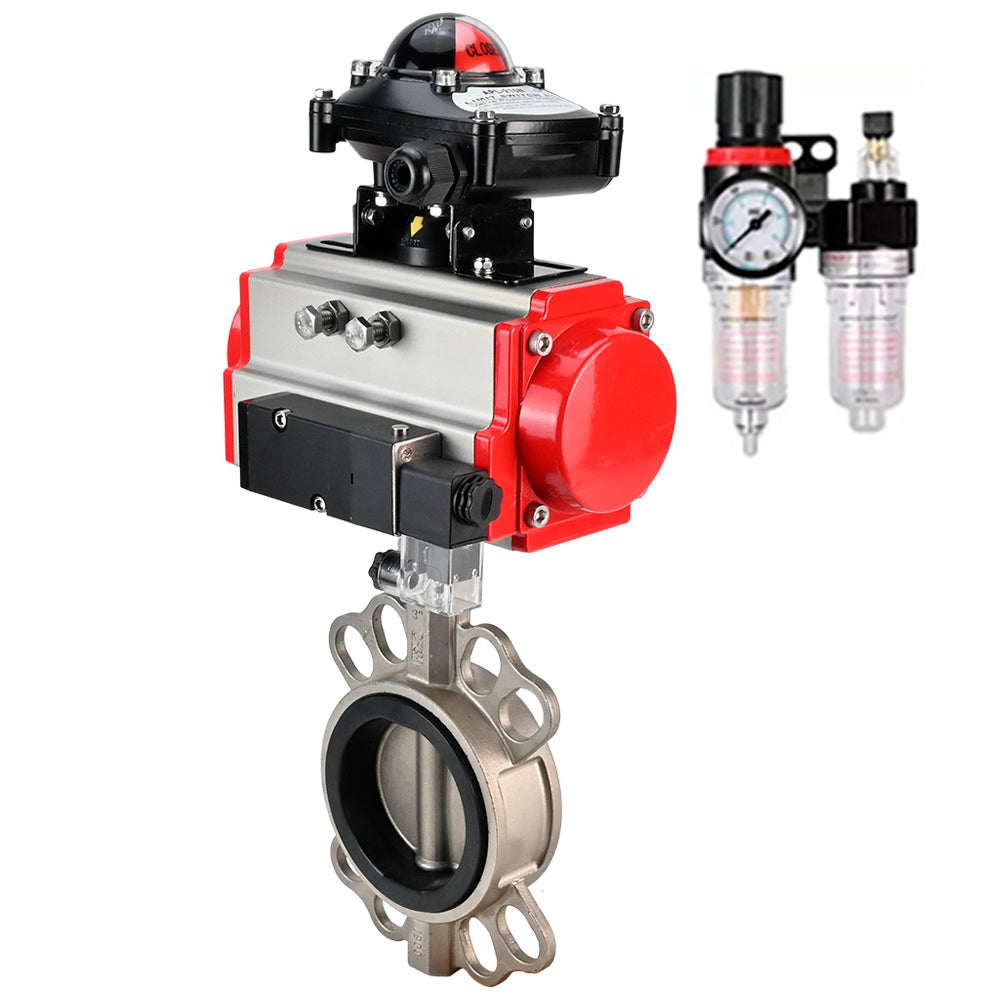 Vanne papillon d'eau Elephant WBV3131N-2W-Fb-H, matériau du corps - Acier inoxydable AISI 304, matériau du disque - Acier inoxydable AISI 304, joint - NBR, actionneur pneumatique PA-DA double action, 4V320-10 220V, BKV APL-410N EX BPV AFC2000