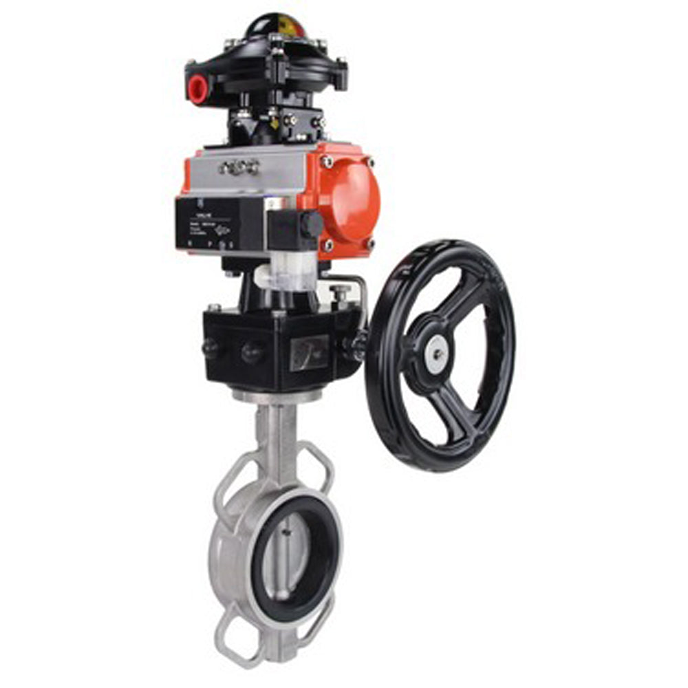 Vanne papillon d'eau Elephant WBV3131N-2W-Fb-H, matériau du corps - Acier inoxydable AISI 304, matériau du disque - Acier inoxydable AISI 304, joint - NBR, actionneur pneumatique PA-DA double action, 4V320-10 220V, BKV APL-510N EX, volant MON