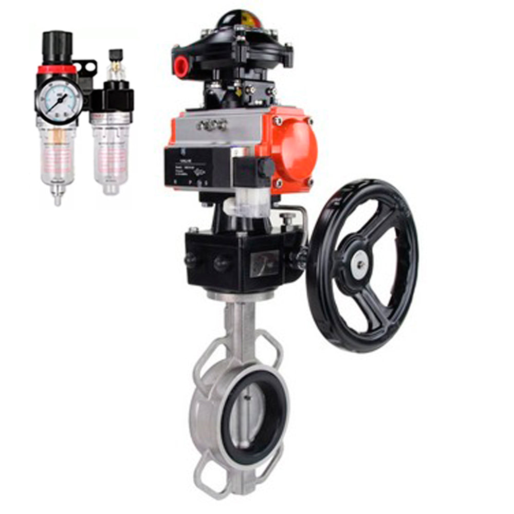 Vanne papillon d'eau Elephant WBV3131N-2W-Fb-H, matériau du corps - Acier inoxydable AISI 304, matériau du disque - Acier inoxydable AISI 304, joint - NBR, actionneur pneumatique PA-DA double action, 4V320-10 220V, BKV APL-410N EX, volant MON, BPV AFC2000