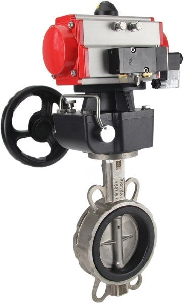 Vanne papillon d'eau Elephant WBV3131N-2W-Fb-H, matériau du corps - Acier inoxydable AISI 304, matériau du disque - Acier inoxydable AISI 304, joint - NBR, actionneur pneumatique PA-DA double action, volant manuel 4V320-10 220V MON
