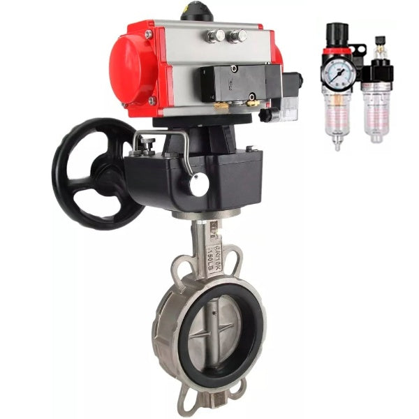 Vanne papillon d'eau Elephant WBV3131N-2W-Fb-H, matériau du corps - Acier inoxydable AISI 304, matériau du disque - Acier inoxydable AISI 304, joint - NBR, actionneur pneumatique PA-DA double action, volant manuel 4V320-08 220V MON, BPV AFC2000