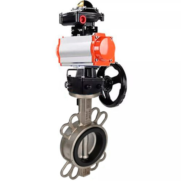 Vanne papillon d'eau Elephant WBV3131N-2W-Fb-H, matériau du corps - Acier inoxydable AISI 304, matériau du disque - Acier inoxydable AISI 304, joint - NBR, actionneur pneumatique PA-DA double action, BKV APL-210N, volant MON