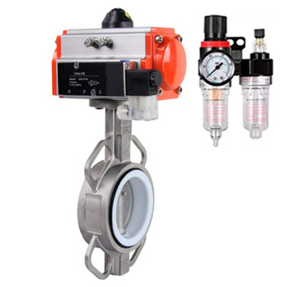 Vanne papillon d'eau Elephant WBV3131P-2W-Fb-H, matériau du corps - Acier inoxydable AISI 304, matériau du disque - Acier inoxydable AISI 304, joint - PTFE, actionneur pneumatique PA-DA double action, 4M310-08 24V BPV AFC2000