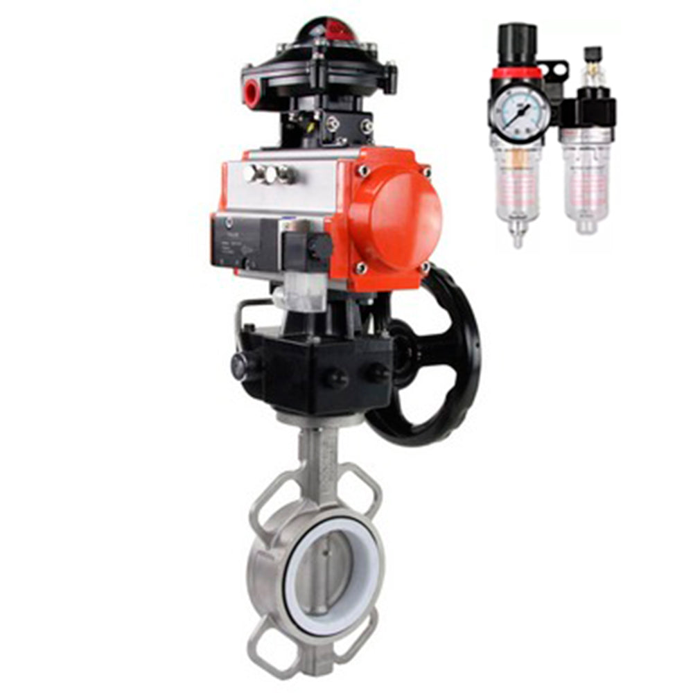 Vanne papillon d'eau Elephant WBV3131P-2W-Fb-H, matériau du corps - Acier inoxydable AISI 304, matériau du disque - Acier inoxydable AISI 304, joint - PTFE, actionneur pneumatique PA-DA double action, 4M310-08 24V, BKV APL-210N, volant MON, BPV AFC2000
