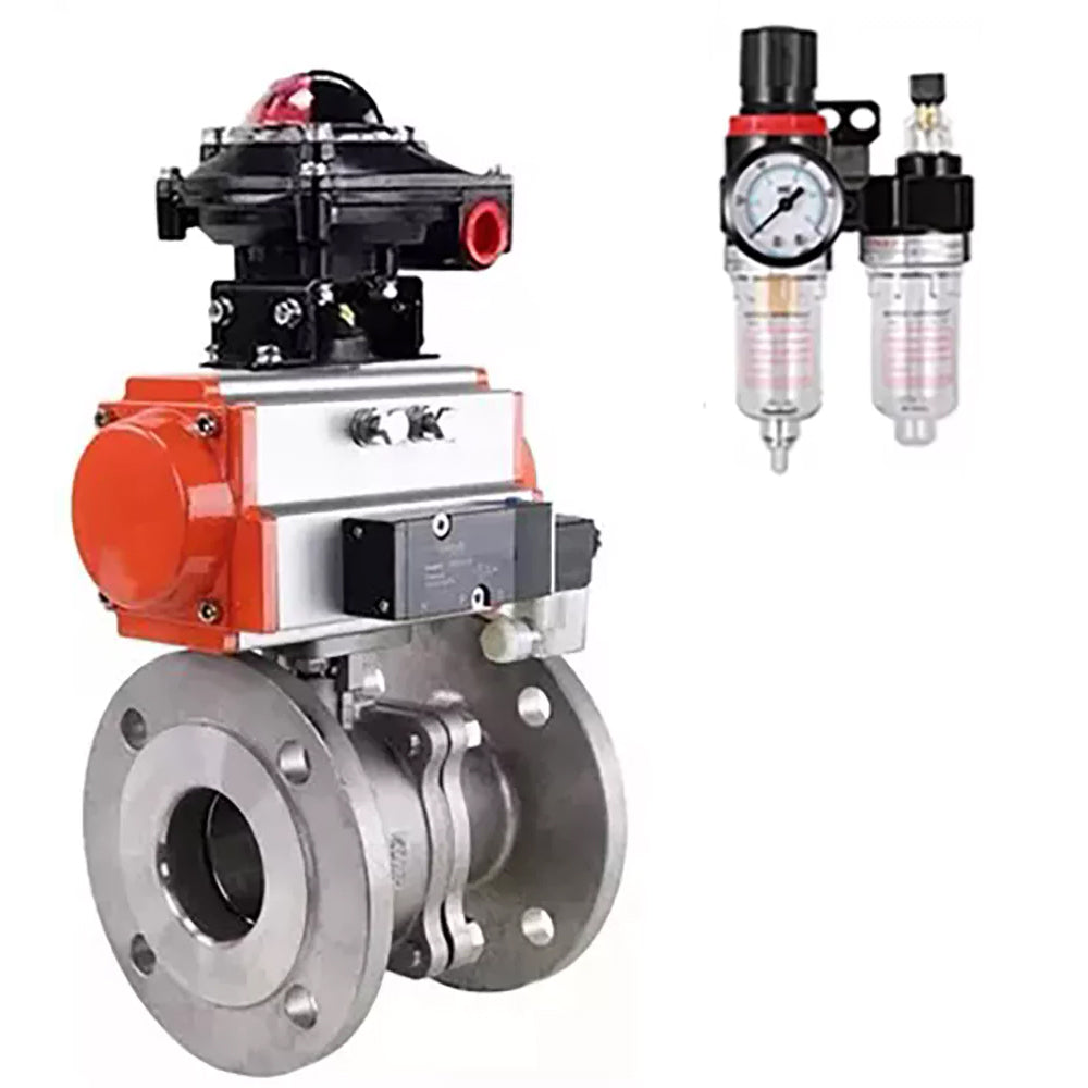 Ball valves Elephant BV3232P(2pc)-FP-F-ISO-H,  body material - Stainless steel AISI 316, seal - PTFE / PTFE / Teflon, with pneumatic actuator double action PA-DA, 4V320-08 220V, LSU APL-210N, ATU AFC2000