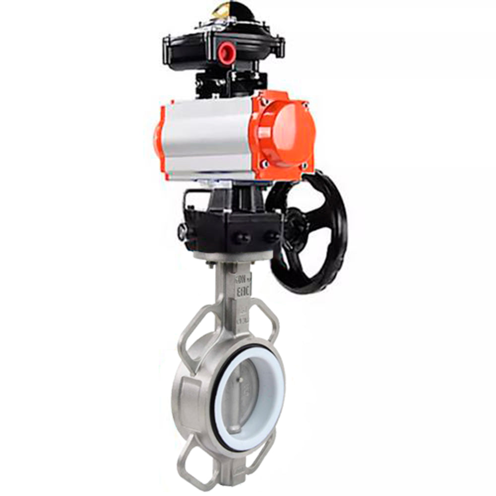 Vanne papillon d'eau Elephant WBV3131P-2W-Fb-H, matériau du corps - Acier inoxydable AISI 304, matériau du disque - Acier inoxydable AISI 304, joint - PTFE, actionneur pneumatique PA-DA double action, BKV APL-210N, volant MON